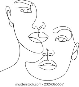 Retrato de pareja, hombre y mujer en el amor besándose. Dibujo continuo de una línea de arte de dos caras. Tarjeta de San Valentín. Ilustración vectorial estilo minimalista.