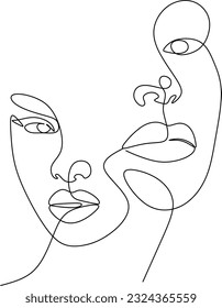 Portrait of couple man and woman in love kissing. Continuous One Line Art Drawing of two faces. Valentines Day card. Vector illustration minimalistic style.