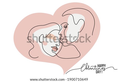 Portrait of couple man and woman in love kissing. Continuous One Line Art Drawing of two faces with color spots heart shaped. Valentines Day card. Vector illustration minimalistic style.