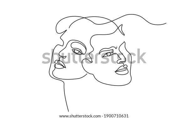 Portrait of couple man and woman in\
love kissing. Continuous One Line Art Drawing of two faces.\
Valentines Day card. Vector illustration minimalistic\
style.
