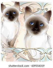 Portrait of the couple Thai cats. Traditional Siamese cats. Two kittens on the grunge background.