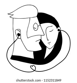 Portrait of couple who listen to music by one pair of headphones for two, simply vector graphic illustration of man and woman, who loves each other