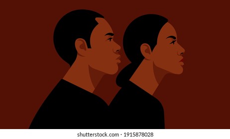 Portrait of couple - young woman and man are looking in the same direction. Modern people faces and shoulders. Young people from Latin America or Brazil. Flat style with copy space. Brown background