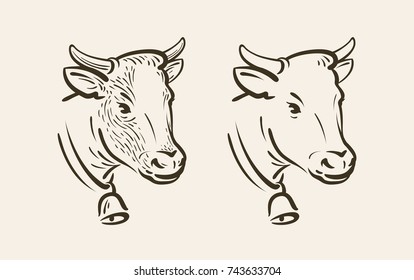 Retrato de vaca con campana. Granja lechera, símbolo animal o icono. Dibujo vectorial de esbozo