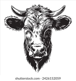 portrait of a cow, black and white illustration in sketch style, engraving. vintage drawing, farm animal