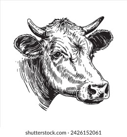 portrait of a cow, black and white illustration in sketch style, engraving. vintage drawing, farm animal