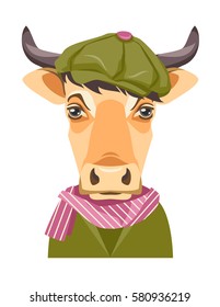 Portrait of a cow or bull in a hat and clothes. Illustration fashion animal