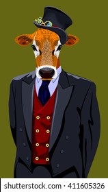 Portrait Of A Cow In A Business Suit And Top Hat