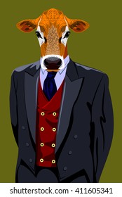 Portrait Of A Cow In A Business Suit And Top Hat