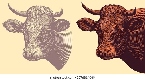 Portrait of a Cow. Editable hand drawn illustration. Vector vintage engraving. Isolated on light background. 8 EPS