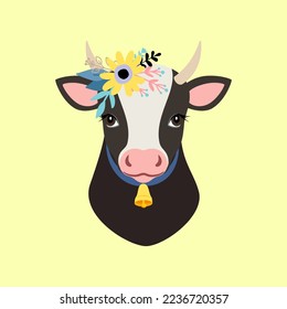 Portrait of a cow with a flower wreath and a bell. Isolated animal head of a black and white calf. Character, emblem, sticker vector illustration for your design of cow portrait animal