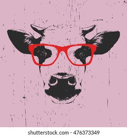 Portrait of Cow with glasses. Hand-drawn illustration. T-shirt design. Vector