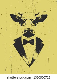 Portrait Of Cow In Suit. Hand Drawn Illustration. Vector