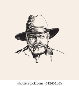 Portrait Cowboy, Farmer. Rancher . Hand Drawn Sketch Vector Illustration