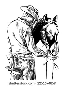 portrait of a cowboy giving something to his horse.  very romantic.