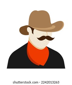 Portrait of cowboy man with thick mustache and wide brimmed hat. Shooter, bandit, sheriff of wild west. Cartoon vector isolated on white background