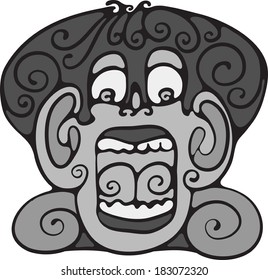 Portrait created from spiraling curls, a man with his mouth wide open.