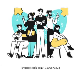 Portrait of creative confident business team standing together. Succesfull Team concept illustration. Modern outline style