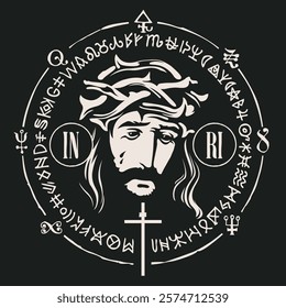 Portrait of crucified crying Jesus Christ with alchemical and masonic symbols on black background. Abstract vector banner in vintage style on religious theme with mysterious signs written in a circle