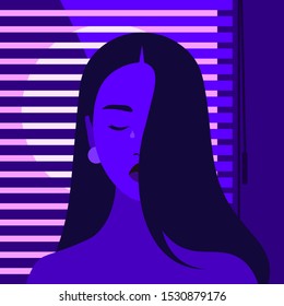 Portrait Of A Crying Girl. Sad Young Woman With Eyes Closed. Depression And Stress. Vector Flat Illustration