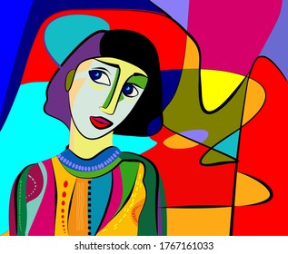 portrait cubism art style ,brunette woman with colorful blouse