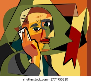 portrait cubism art style,man calls on a cell phone 