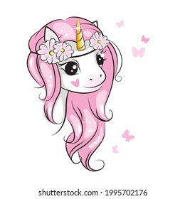 Portrait of cule little unicorn with pink mane.Beautiful picture for your design. 