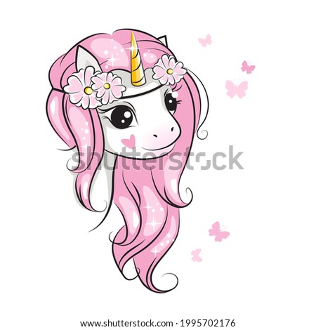 Portrait of cule little unicorn with pink mane.Beautiful picture for your design. 