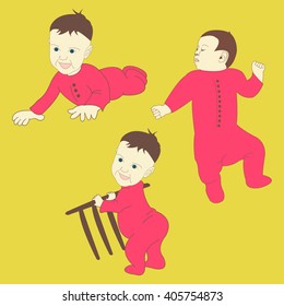 Portrait of curious baby standing holding on to the handrail sitting and sleeping set. The expression a smile and interest. Kids emotion faces - vector