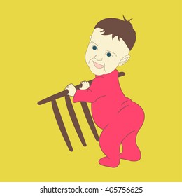 Portrait of curious baby standing holding on to the handrail. The expression a smile and interest. Kids emotion faces - vector