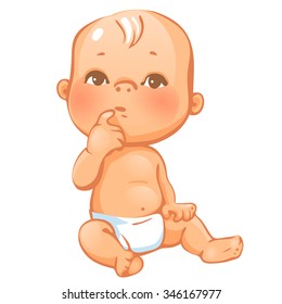 Portrait of curious  little baby in diaper sitting, thinking. Expression ofcuriosity and interest. Baby facial  emotions. Thoughtfull face, finger in mouth. Colorful vector illustration isolated.