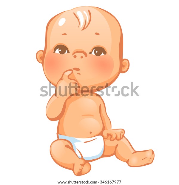 考えながら おむつに座っている好奇心の強い小さな赤ちゃんのポートレート 好奇心と興味 の表現 赤ちゃんの顔の感情 思慮深い顔をして 指を口に入れて カラフルなベクターイラスト のベクター画像素材 ロイヤリティフリー
