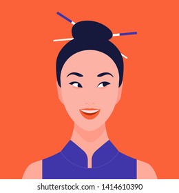 Portrait of a curious woman. Asian girl. Surprised face. Gossip, rumors and secrets. Vector illustration