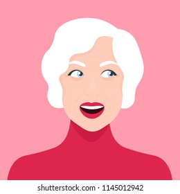 Portrait of a curious woman. Old. Surprised face. Avatar cheerful pensioner. Gossip, rumors and secrets. Vector illustration