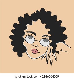 Portrait of a curly girl with glasses. Flat editable vector illustration, clip art. Flat design, hand drawn cartoon, vector illustration.