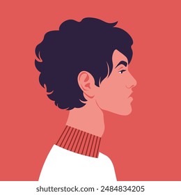 Portrait of a curly man in profile. Diversity. The face of a student. Side view. Avatar for social media. Vector flat illustration