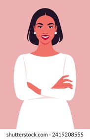 Portrait of a curve Hispanic woman with crossed arms. Office professions. Vector flat illustration