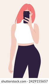 Portrait of curve redhead woman holding smart phone in hand shooting selfie on front camera. A blogger is photographed for a social media. Vector flat illustration