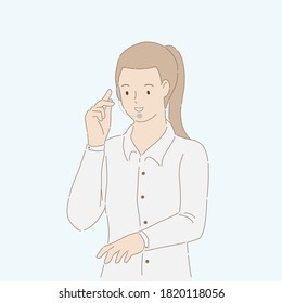 Retrato de un agente de servicio al cliente sentado en la oficina. Servicio de centro de llamadas para empresas. Dibujar a mano el estilo de línea delgada. Ilustración vectorial.