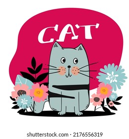 Portrait of a cut cat .Hand drawn cat style, flat illustration with lettering for children's room, nursery decor, postcards, print on baby clothes, apparel, poster. Vector. Vector illustration