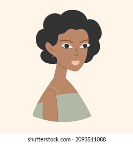 Portrait of a cute African American girl with dark hair, cartoon style, princess