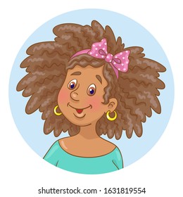 Portrait of a cute afro american young woman - avatar icon in the circle. Isolated on white background. In cartoon style. Vector illustration.