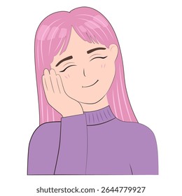 Portrait of a Cute Anime Girl with a Hand Touching Her Cheek. Pink-Haired Avatar for Poster, Cover, or Banner