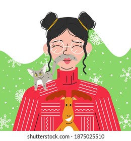 Portrait of cute asian girl with senegalese galago on her shoulder. Funny young woman with messy buns in ugly sweater and glasses on abstract background with snowflakes. Vector flat illustration