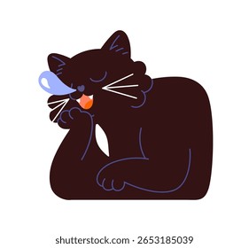 Retrato de gato adormecido bonito com bolha de ranho. Avatar de gatinho dormindo. Gatinho preto sonolento está mentindo, relaxa e tem um descanso, cochilo à noite. Ilustração de vetor isolado plano sobre fundo branco