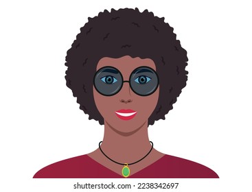 Portrait of cute black woman with glasses on white background
