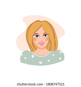 Portrait of a cute blonde girl with fair skin color in a cartoon style. Blue eyes, beautiful smile. Isolated background. Hand-drawn vector. For avatars, cosmetic brands, product advertising