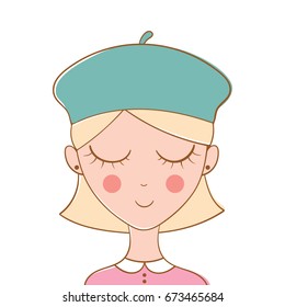 Portrait of a cute blonde girl in green beret. Vector illustration