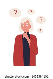 Portrait of cute blonde girl in jacket thinking or reflecting isolated on white background. Young woman surrounded by thought bubbles with question marks. Flat cartoon colorful vector illustration.