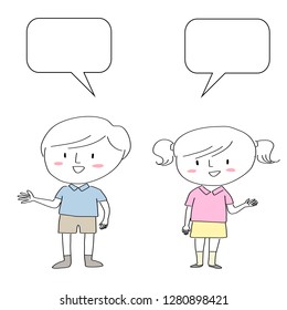 Portrait of cute boy and girl standing, gesturing and presenting something. Little boy and girl gesturing at the blank speech balloons above. Little male and female presenters presenting something.